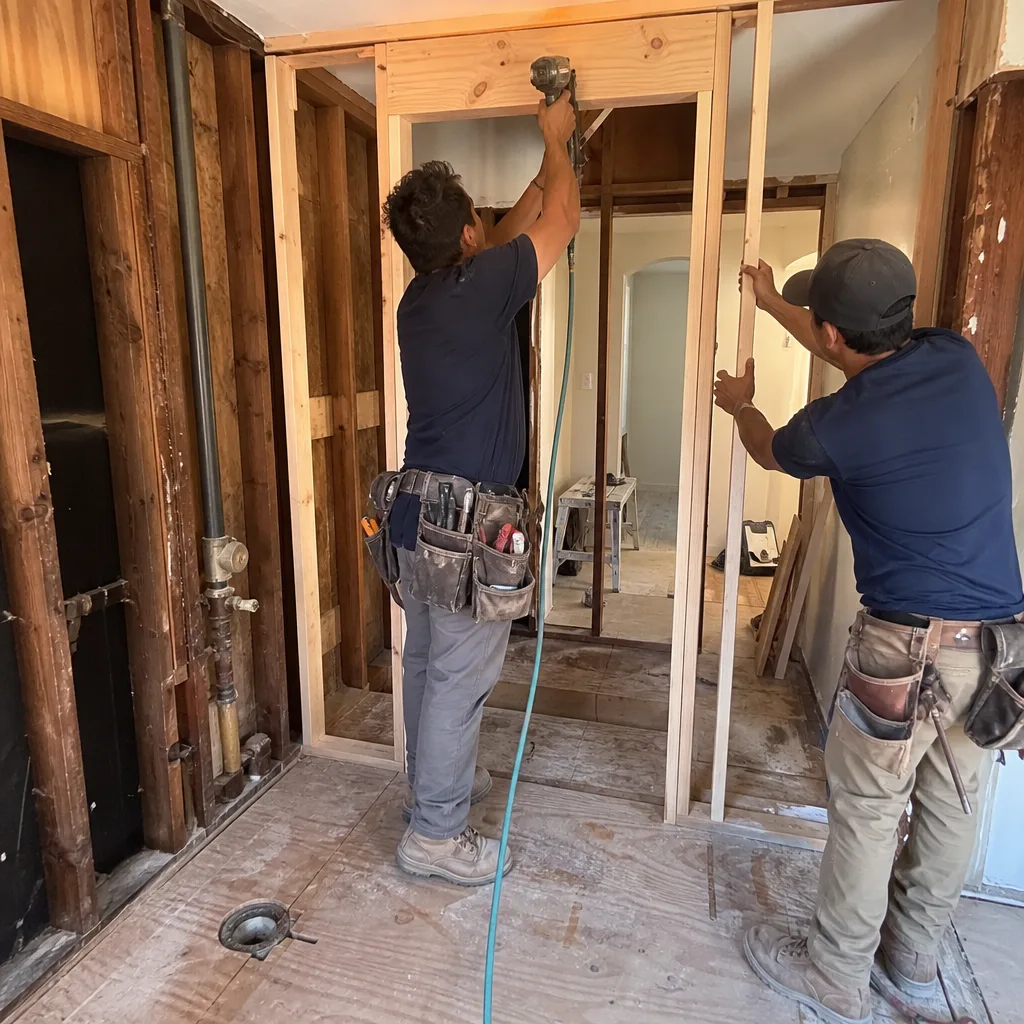Professional contractors framing a doorway during a bathroom renovation project.