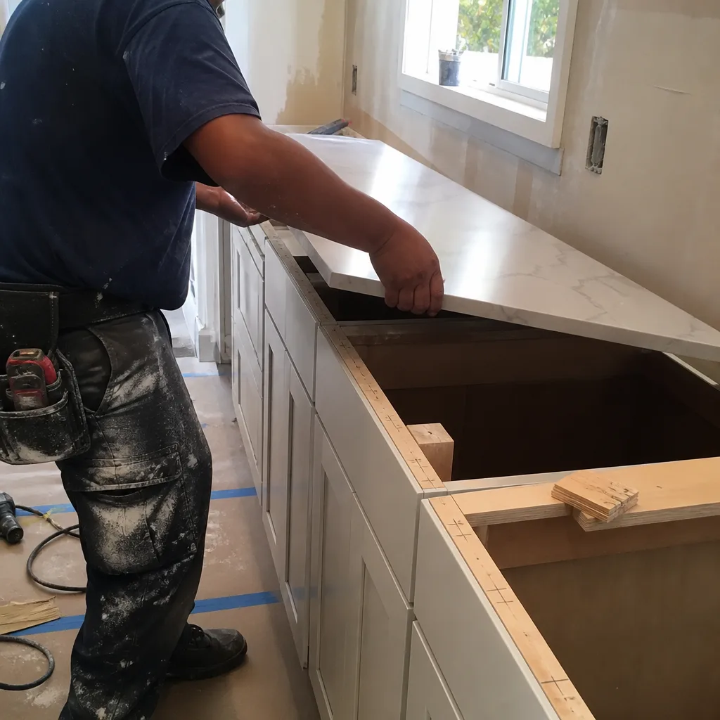 Contractor installing a new marble countertop during kitchen remodeling