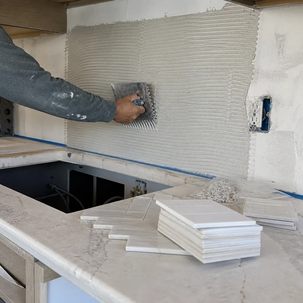 Professional tiling a kitchen backsplash with thin-set mortar and trowel.