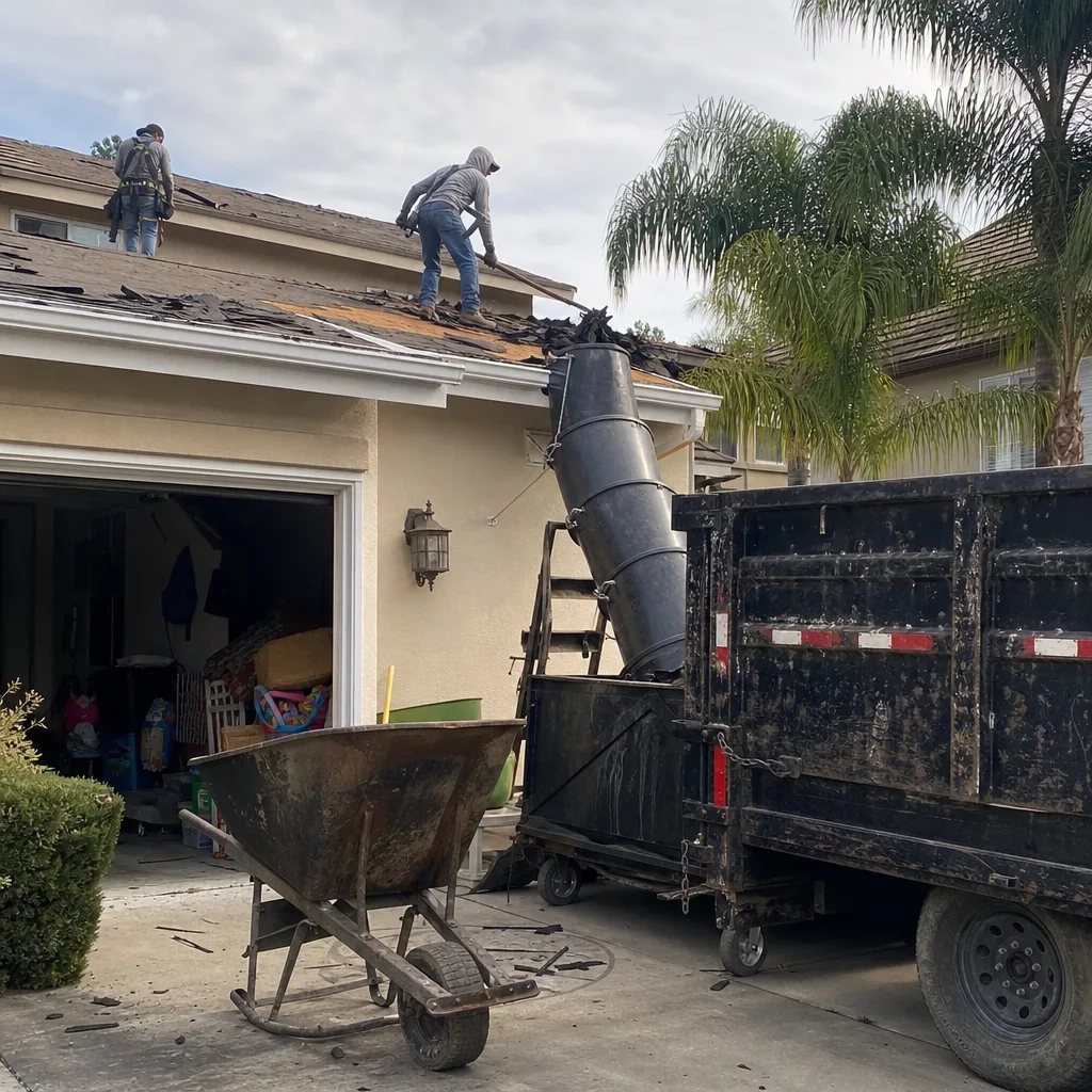 Professional roofing contractors removing old shingles from a residential roof
