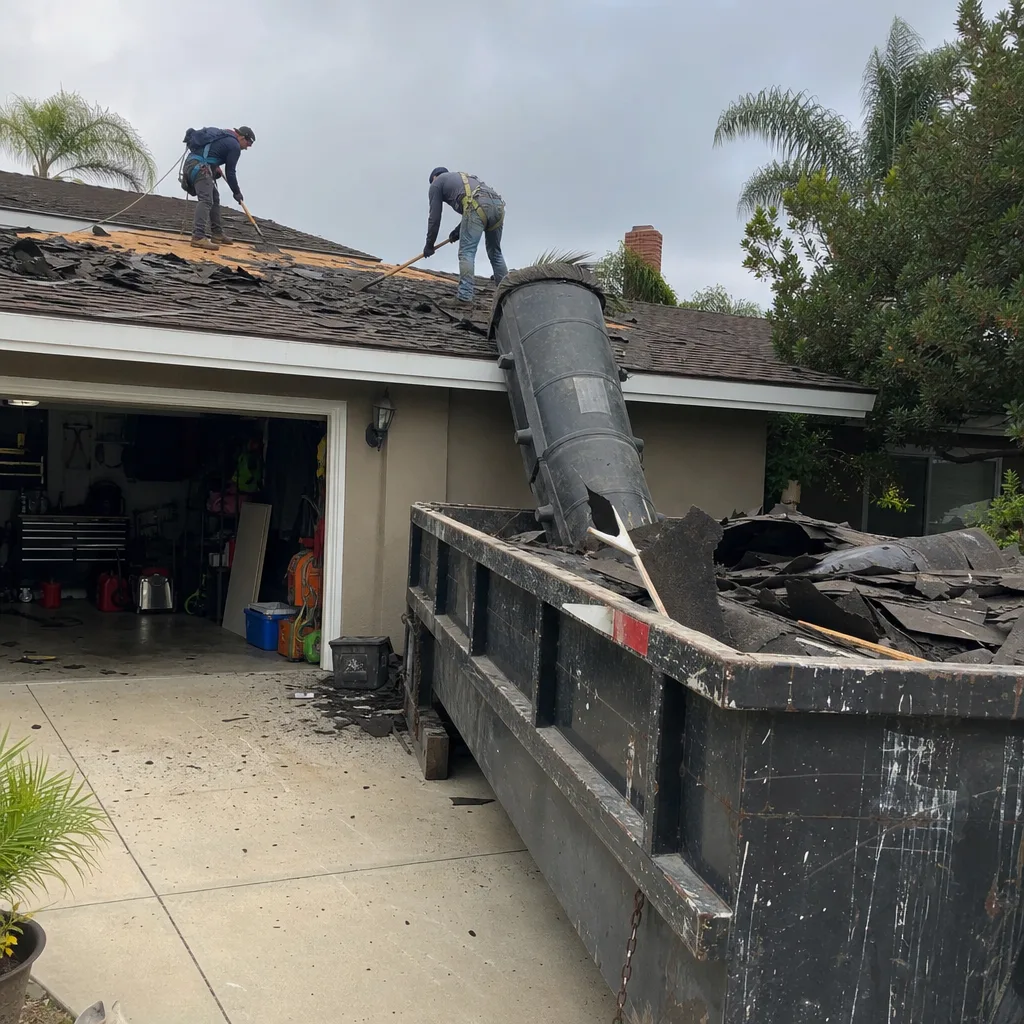 Roofers removing old shingles and using a debris chute into dumpster
