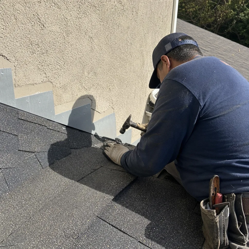 Professional roofer installing metal step flashing on a sloped shingle roof