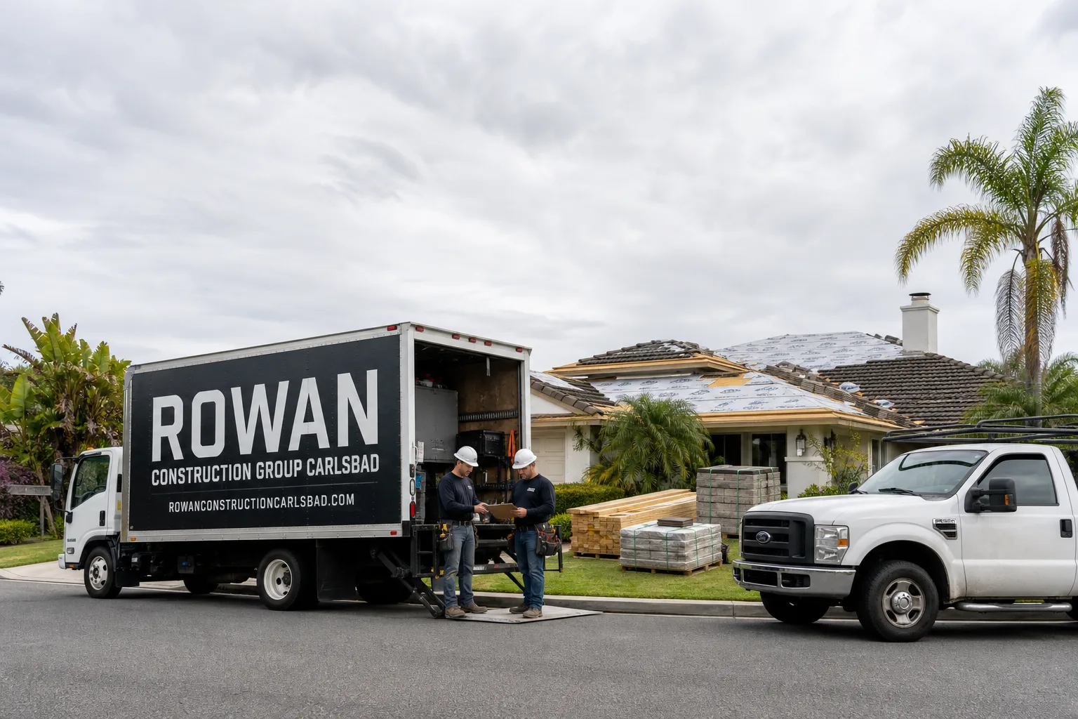 Rowan Construction Group Carlsbad construction service vehicle and crew in Carlsbad, CA